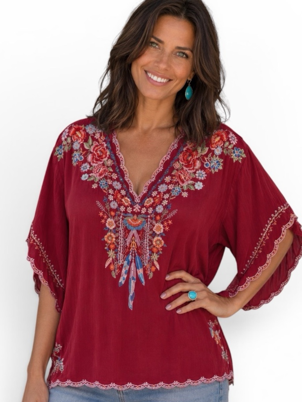 Johnny Was heavily embroidered Klarah feather blouse NWT